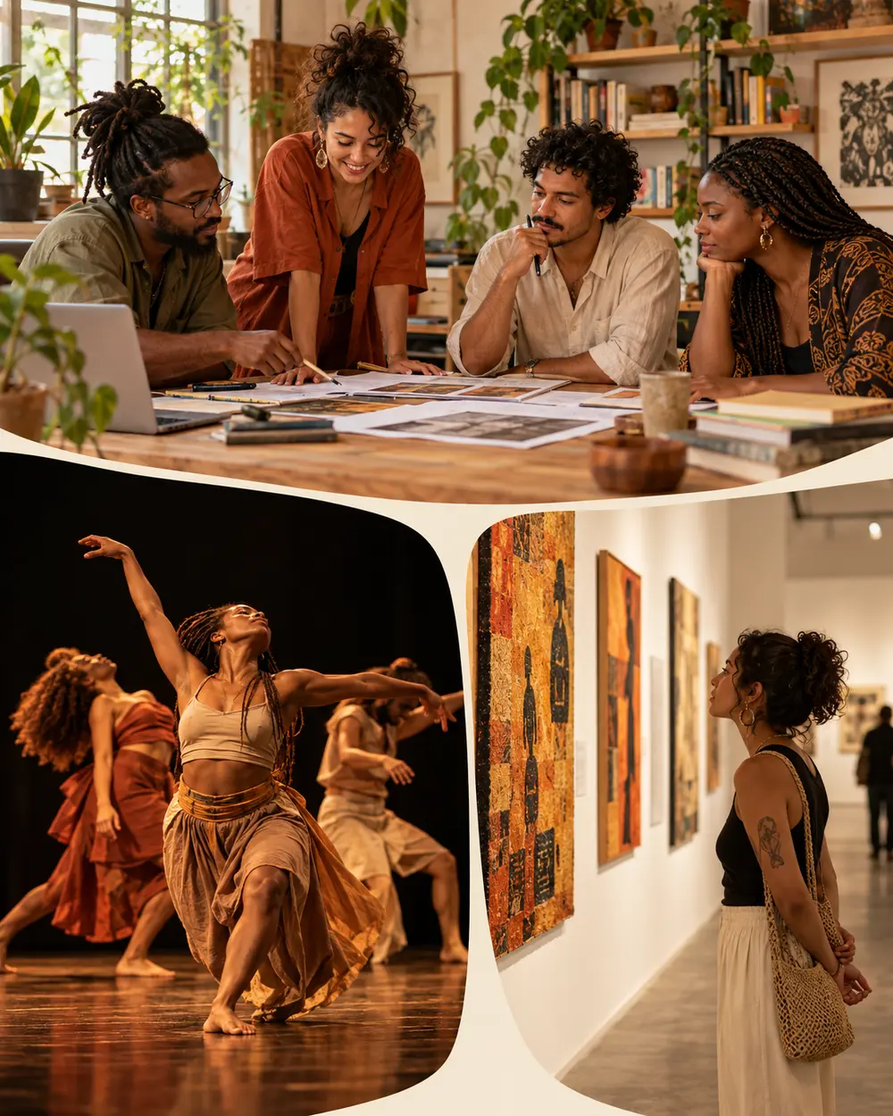 Composição ilustrativa de criação coletiva, dança e visita a uma exposição de arte.